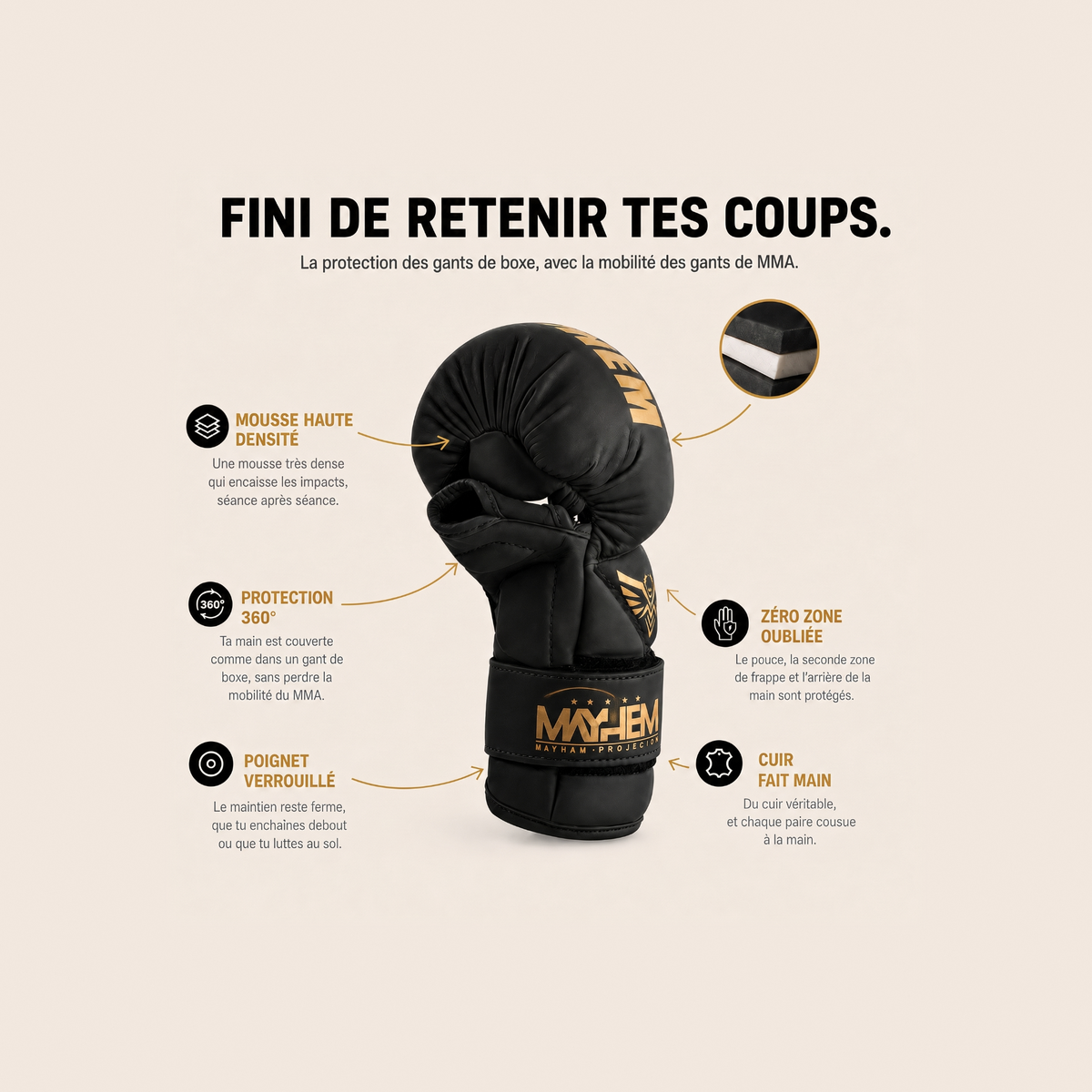 STYX : fini de retenir tes coups. Mousse haute densité, protection 360°, poignet verrouillé, cuir fait main
